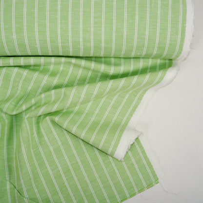 Green and white stripes - linen fabric - T107