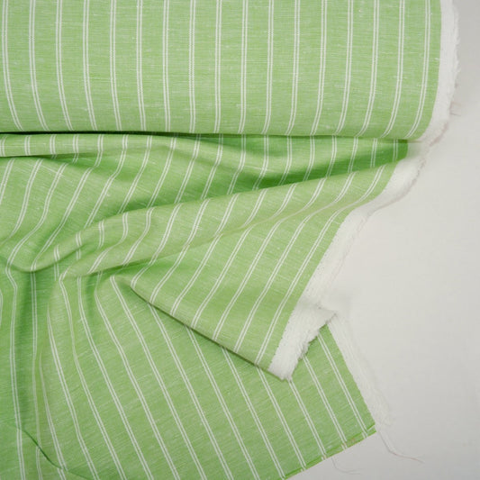 Green and white stripes - linen fabric - T107