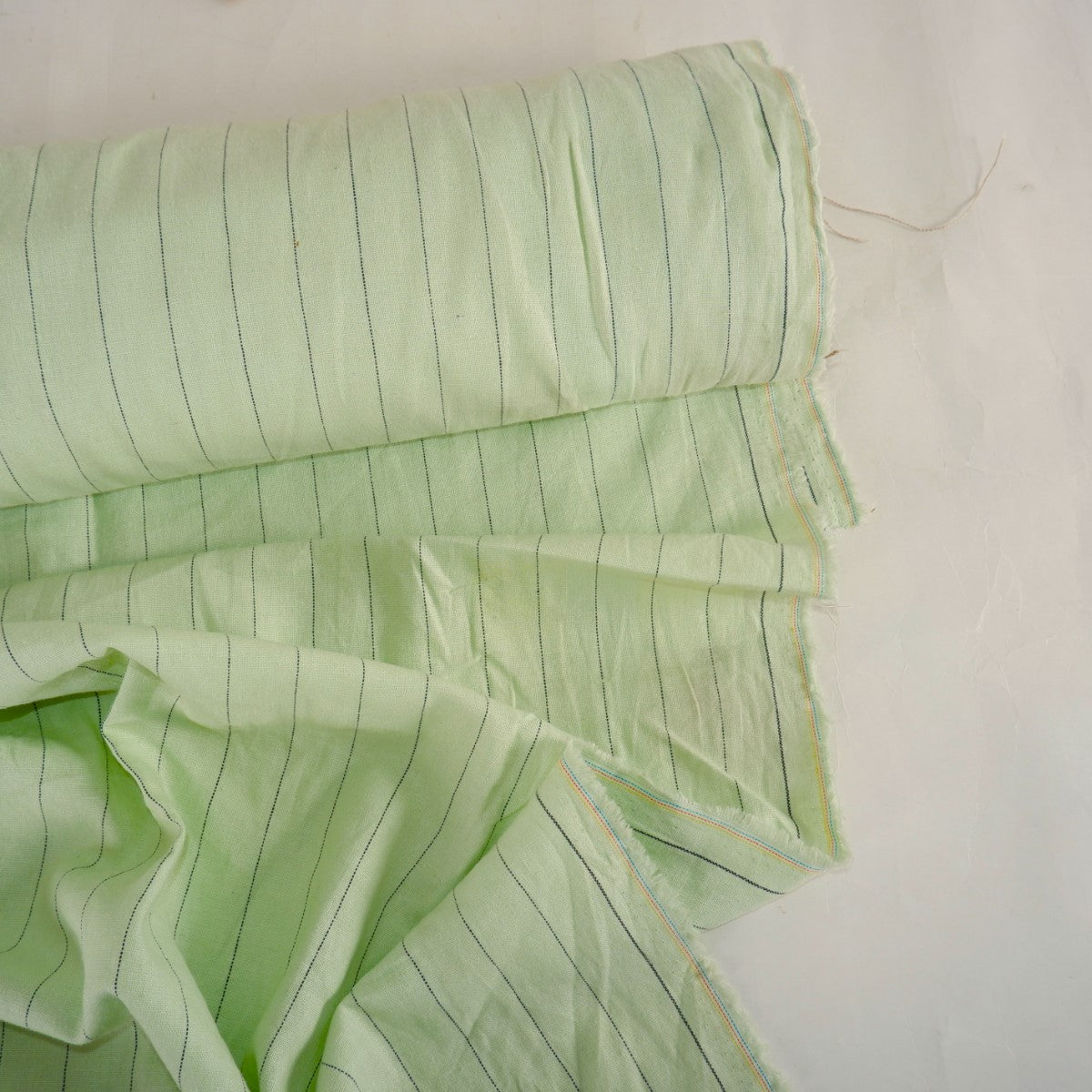 Light green and black stripes - linen fabric - T156