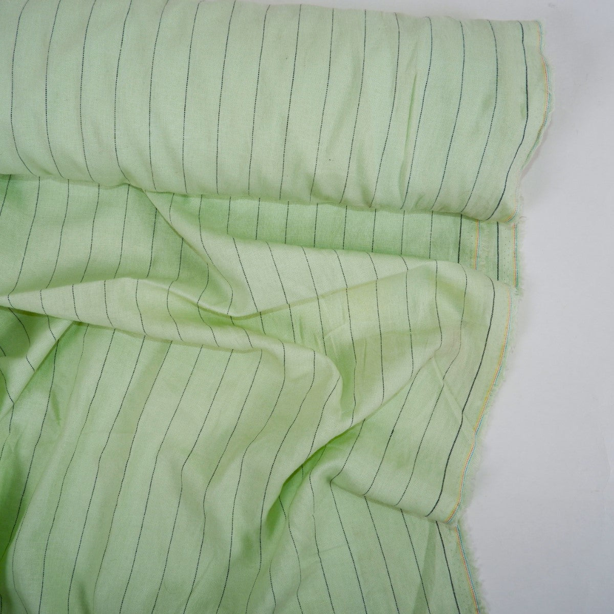 Light green and black stripes - linen fabric - T156