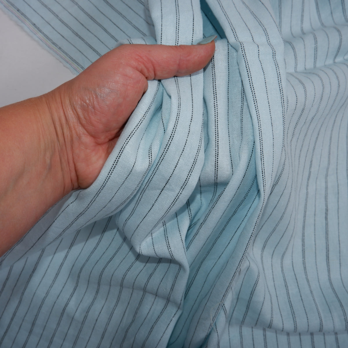 Black stripes on baby blue linen - linen fabric - T144