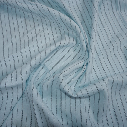 Black stripes on baby blue linen - linen fabric - T144