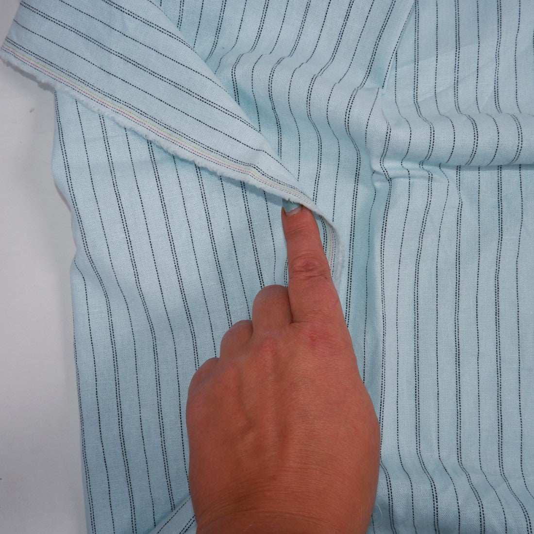 Black stripes on baby blue linen - linen fabric - T144