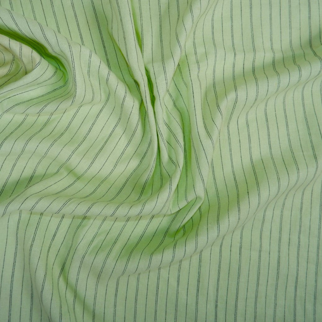 Black stripes on green linen - linen fabric - T150