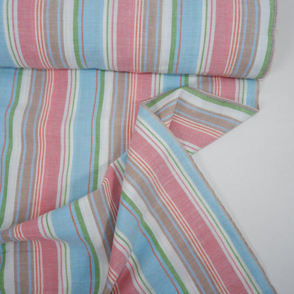 Multistripes - pink and blue linen fabric - T140