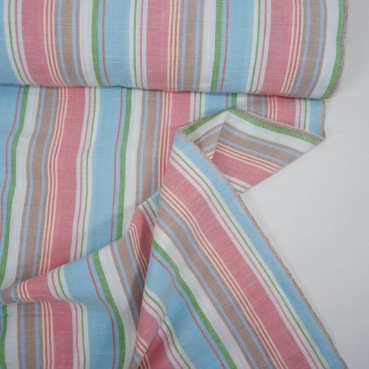 Multistripes - pink and blue linen fabric - T140