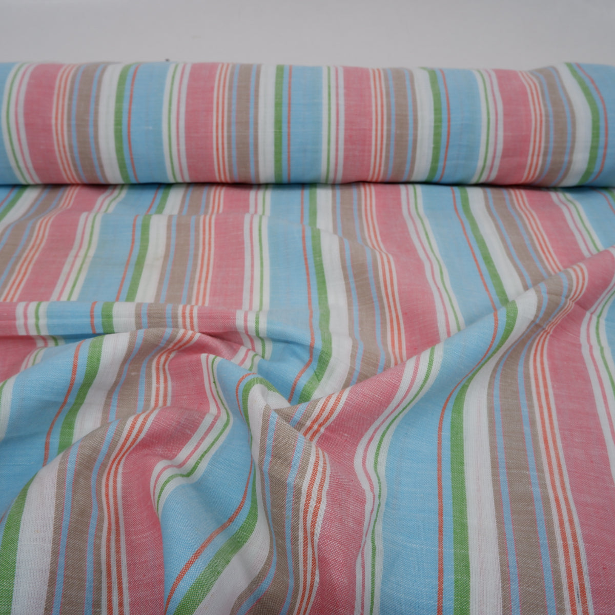 Multistripes - pink and blue linen fabric - T140