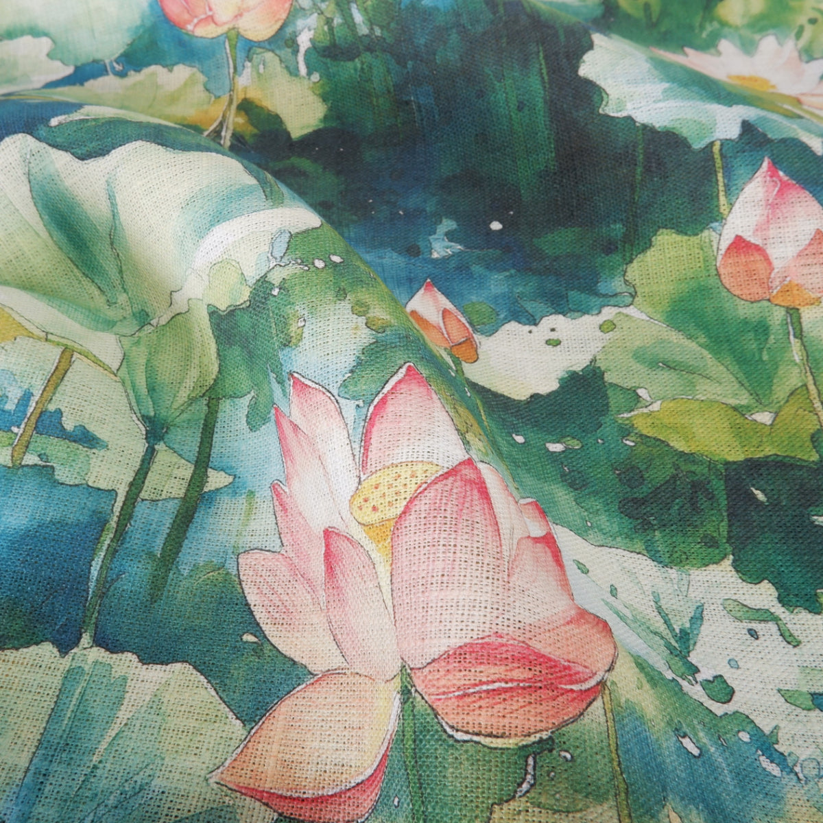 Water Lilly print on green - Printed linen fabric - LL2222P