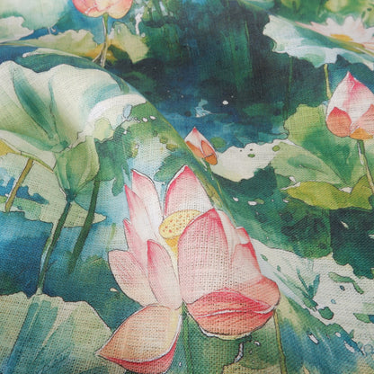 Water Lilly print on green - Printed linen fabric - LL2222P