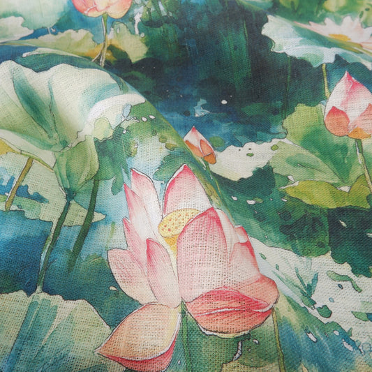 Water Lilly print on green - Printed linen fabric - LL2222P