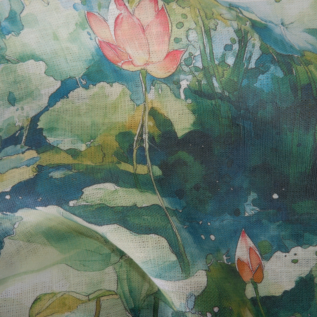 Water Lilly print on green - Printed linen fabric - LL2222P