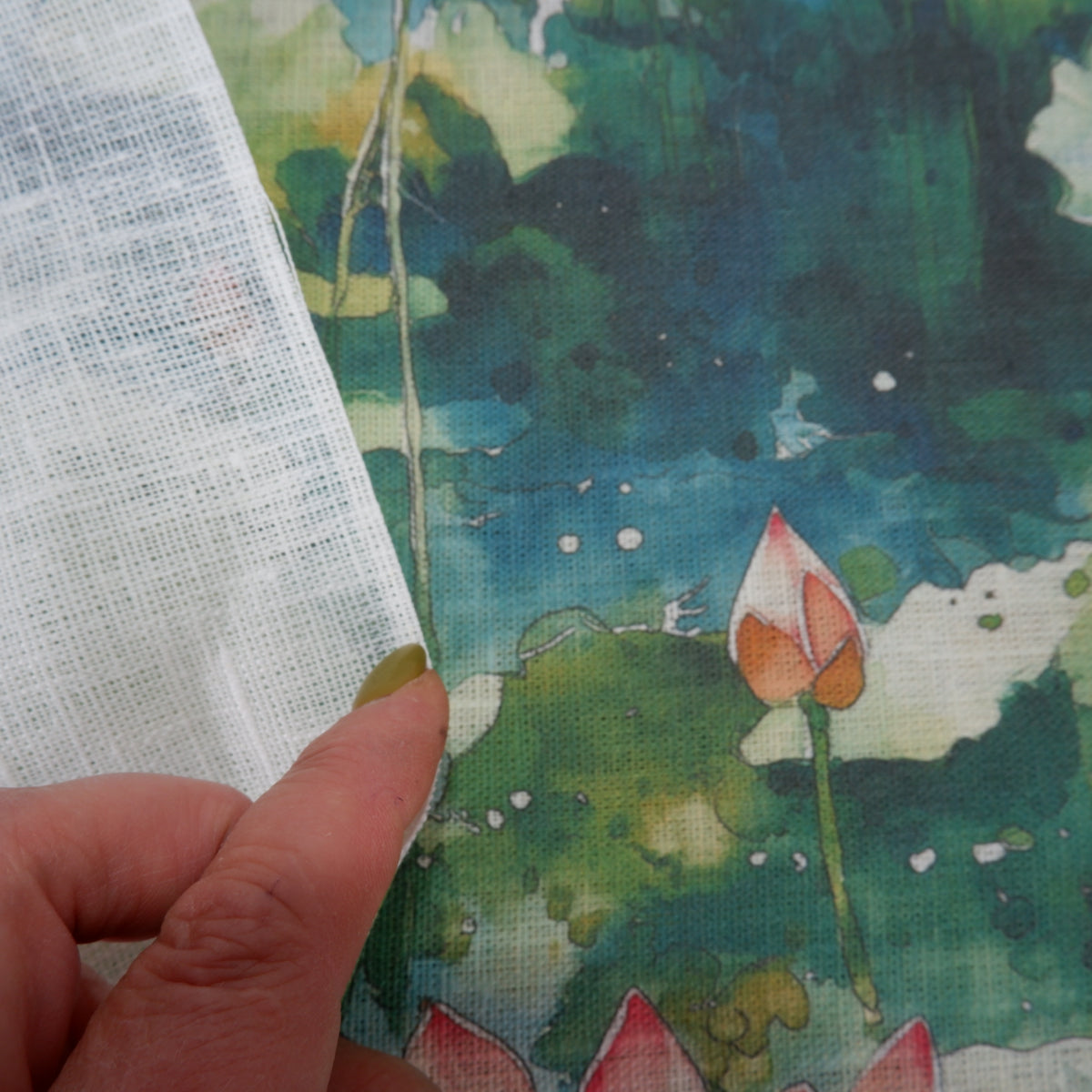 Water Lilly print on green - Printed linen fabric - LL2222P