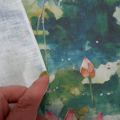 Water Lilly print on green - Printed linen fabric - LL2222P