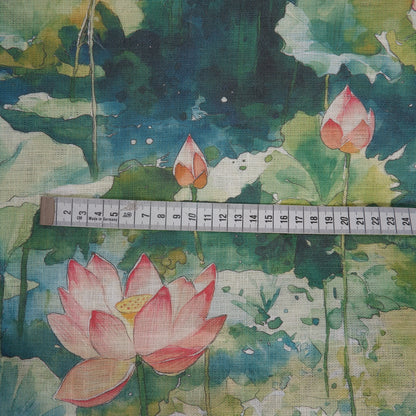 Water Lilly print on green - Printed linen fabric - LL2222P