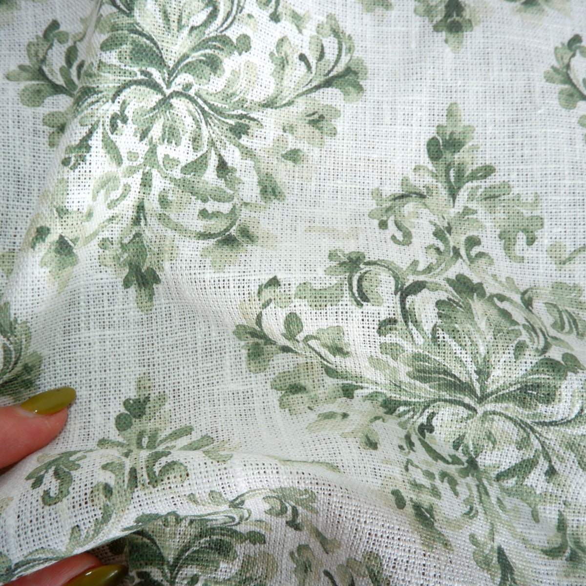 Green block print on white - Printed linen fabric - LL361P