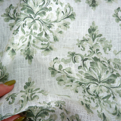 Green block print on white - Printed linen fabric - LL361P