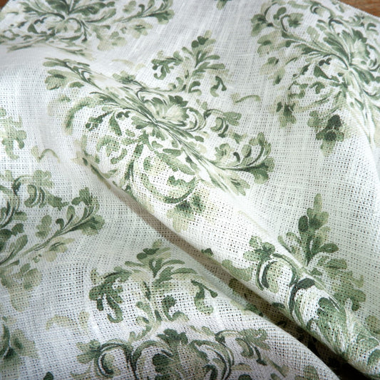 Green block print on white - Printed linen fabric - LL361P