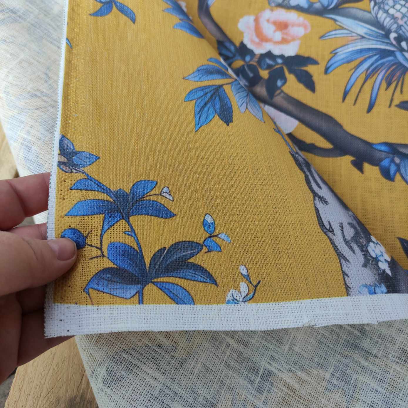Mustard Toile de jouy with birds on trees Printed linen fabric - LL367P