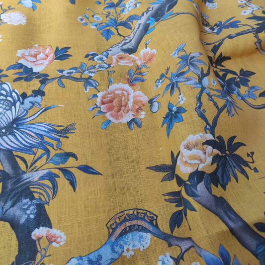 Mustard Toile de jouy with birds on trees Printed linen fabric - LL367P