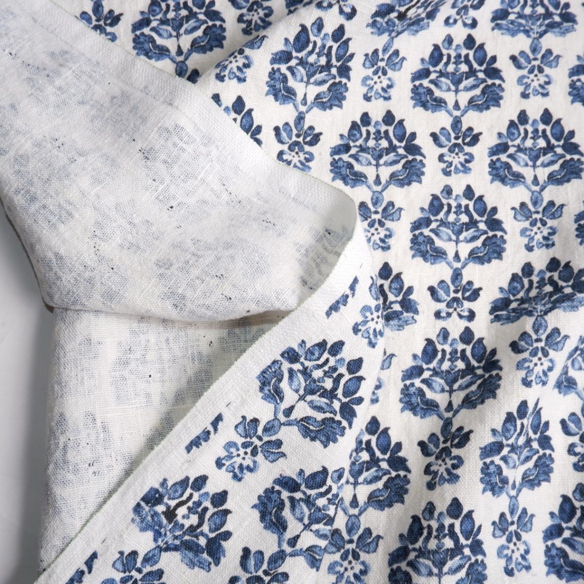 Blue block print on white - Printed linen fabric - LL348P