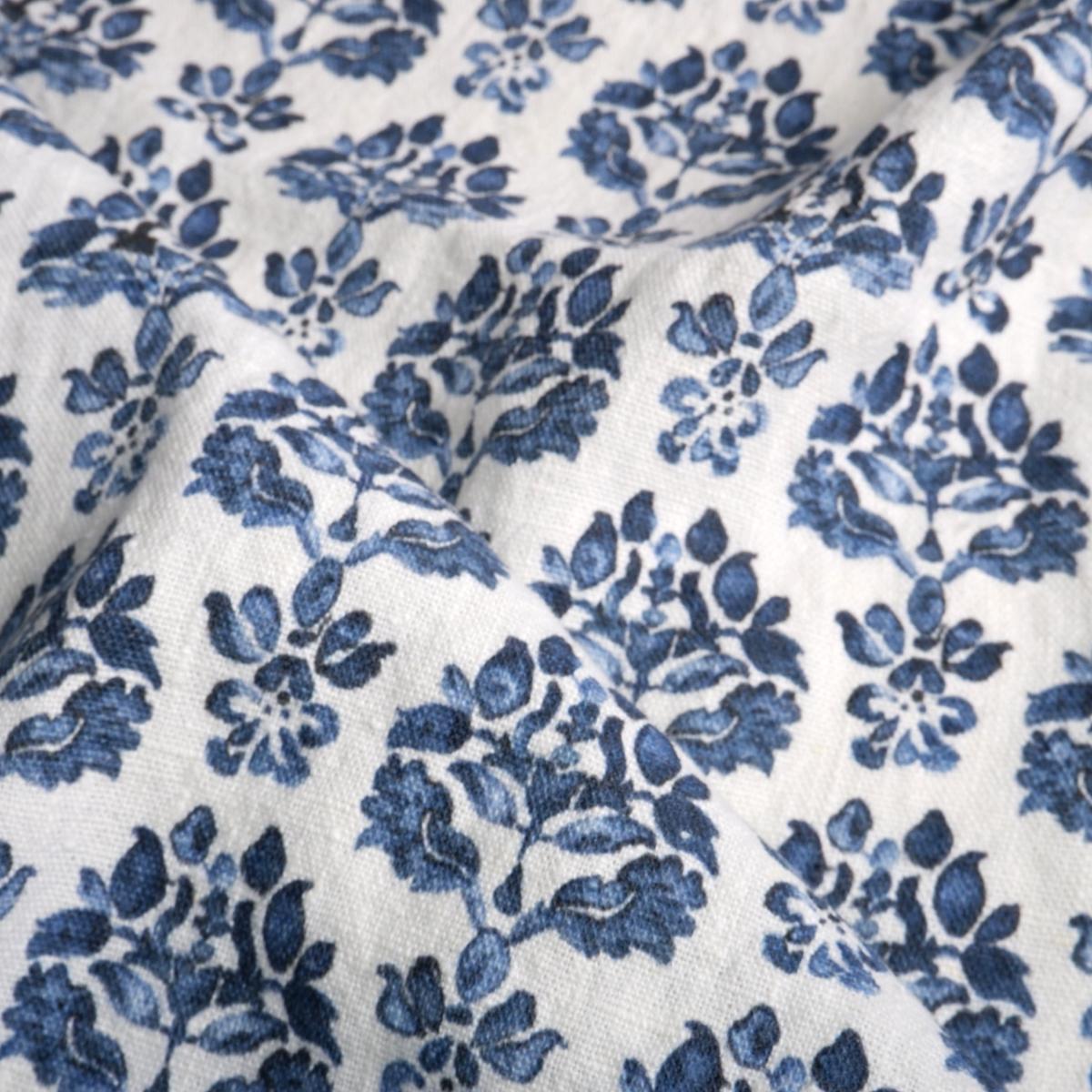 Blue block print on white - Printed linen fabric - LL348P