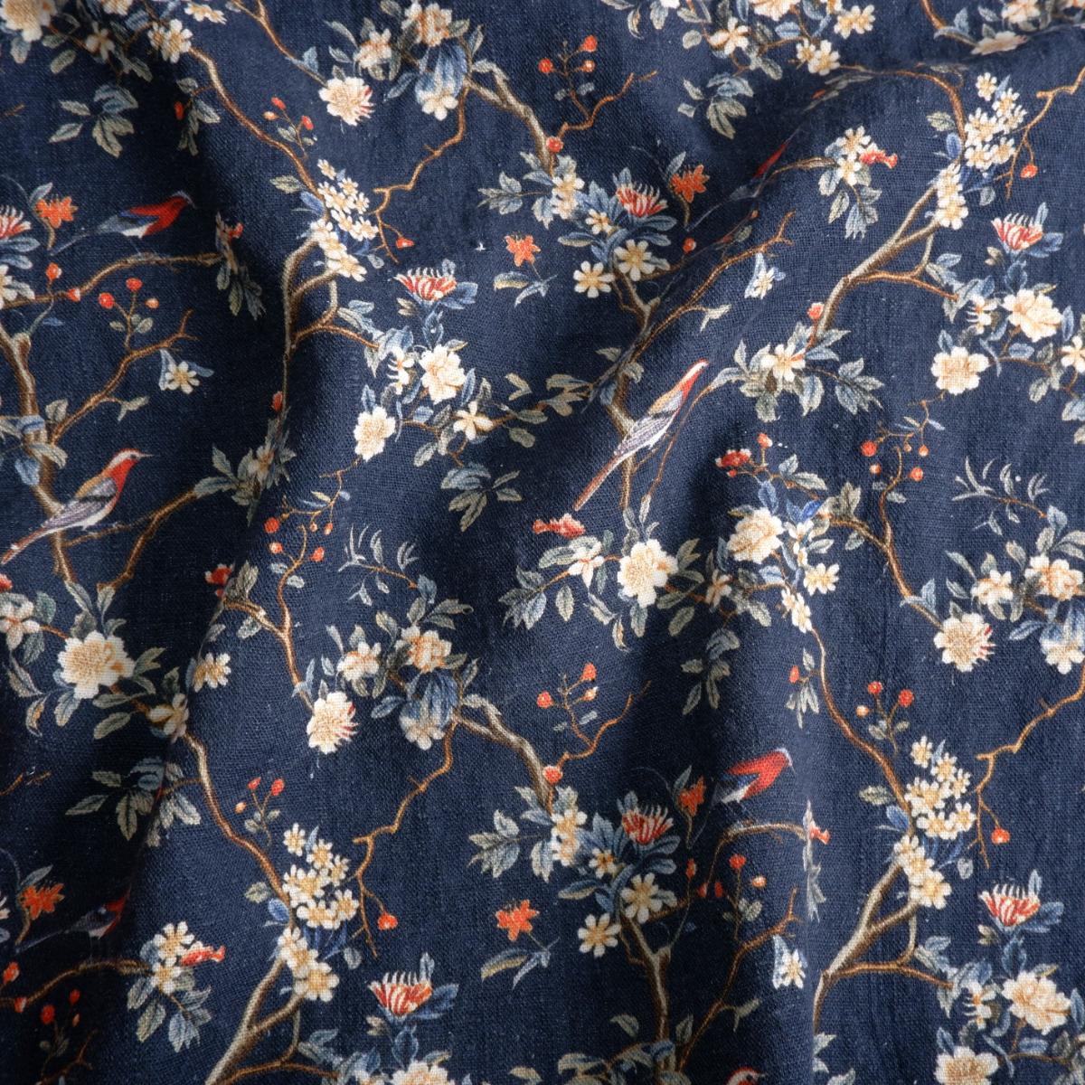 Toile de Jouy in navy blue  - Botanical printed linen fabric - LL2054P