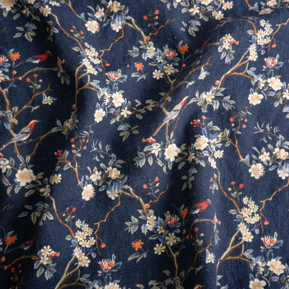 Toile de Jouy in navy blue  - Botanical printed linen fabric - LL2054P