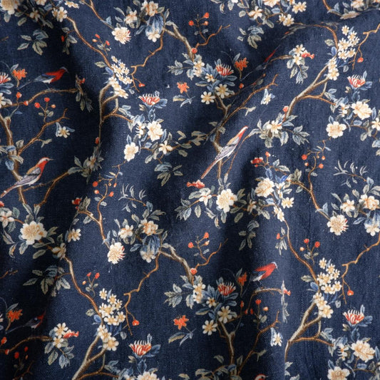 Toile de Jouy in navy blue  - Botanical printed linen fabric - LL2054P