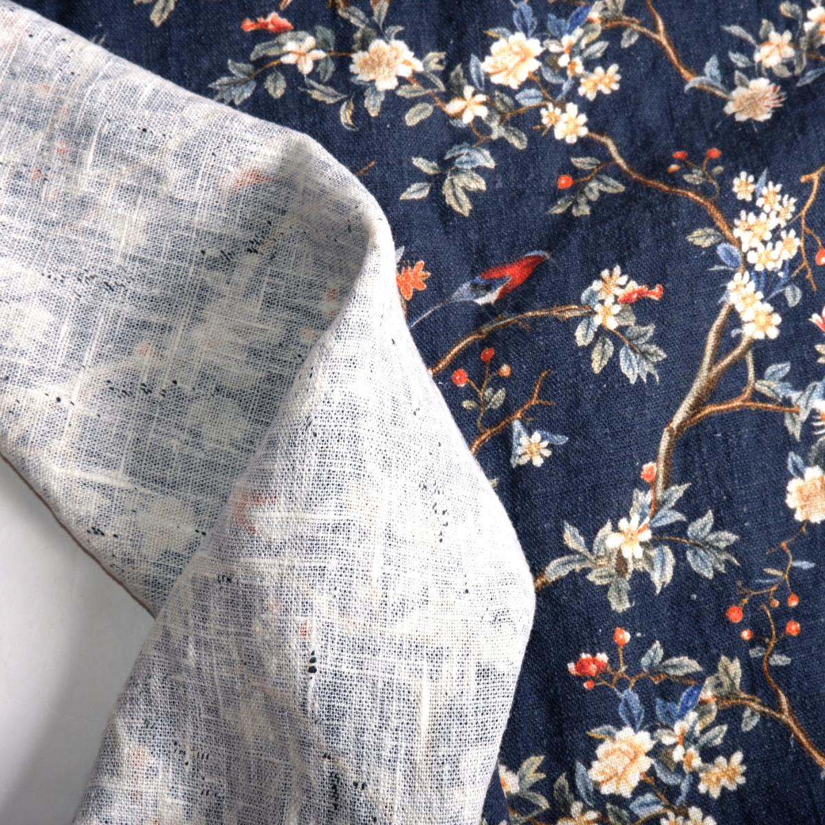 Toile de Jouy in navy blue  - Botanical printed linen fabric - LL2054P