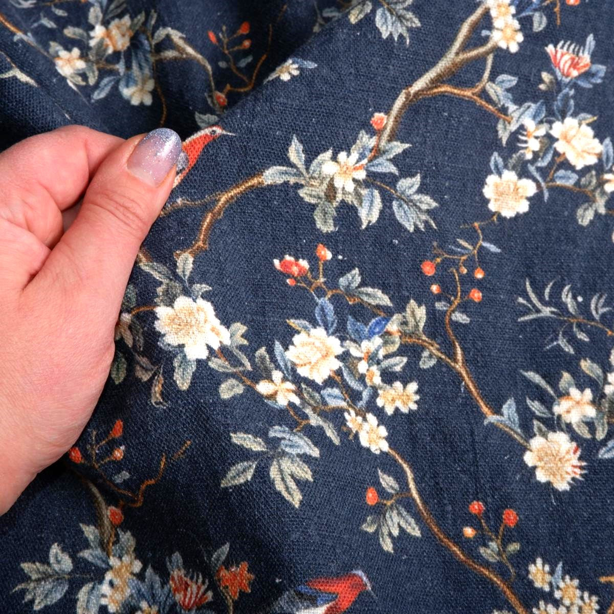 Toile de Jouy in navy blue  - Botanical printed linen fabric - LL2054P
