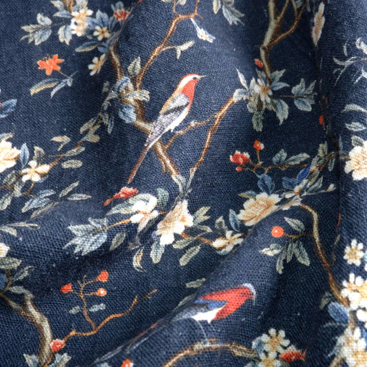 Toile de Jouy in navy blue  - Botanical printed linen fabric - LL2054P