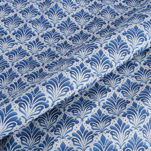 Blue block print on white - Printed linen fabric - LL2053P