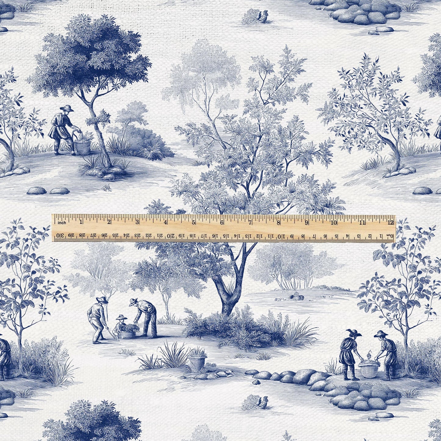 100% LINEN Fabric Toile de jouy print work in garden blue - floral upholstery home textile artisan fabrics blue white 3111