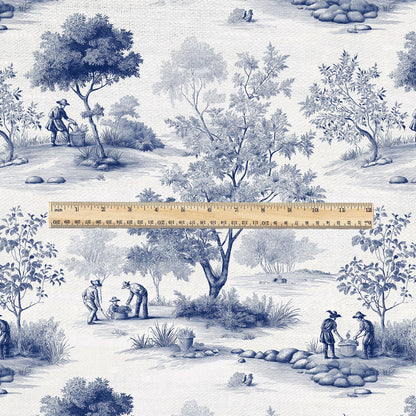 100% LINEN Fabric Toile de jouy print work in garden blue - floral upholstery home textile artisan fabrics blue white 3111