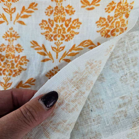 100% Linen fabric Mustard yellow Block print  on white - Carmen 2183