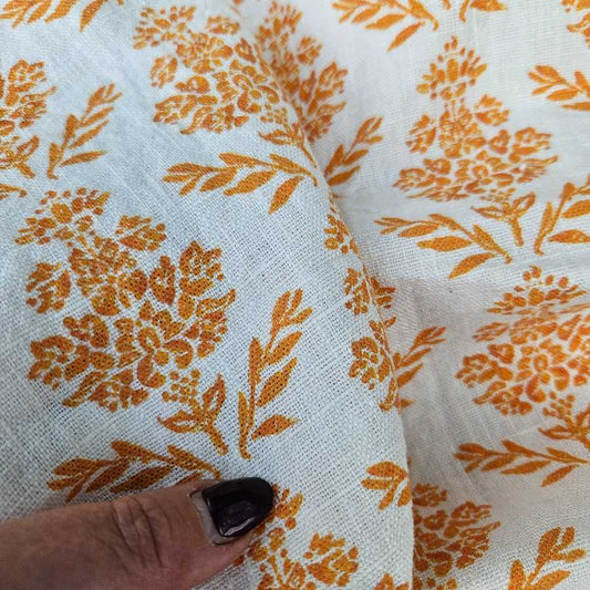 100% Linen fabric Mustard yellow Block print  on white - Carmen 2183