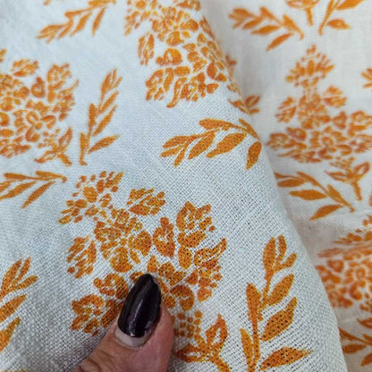 100% Linen fabric Mustard yellow Block print  on white - Carmen 2183