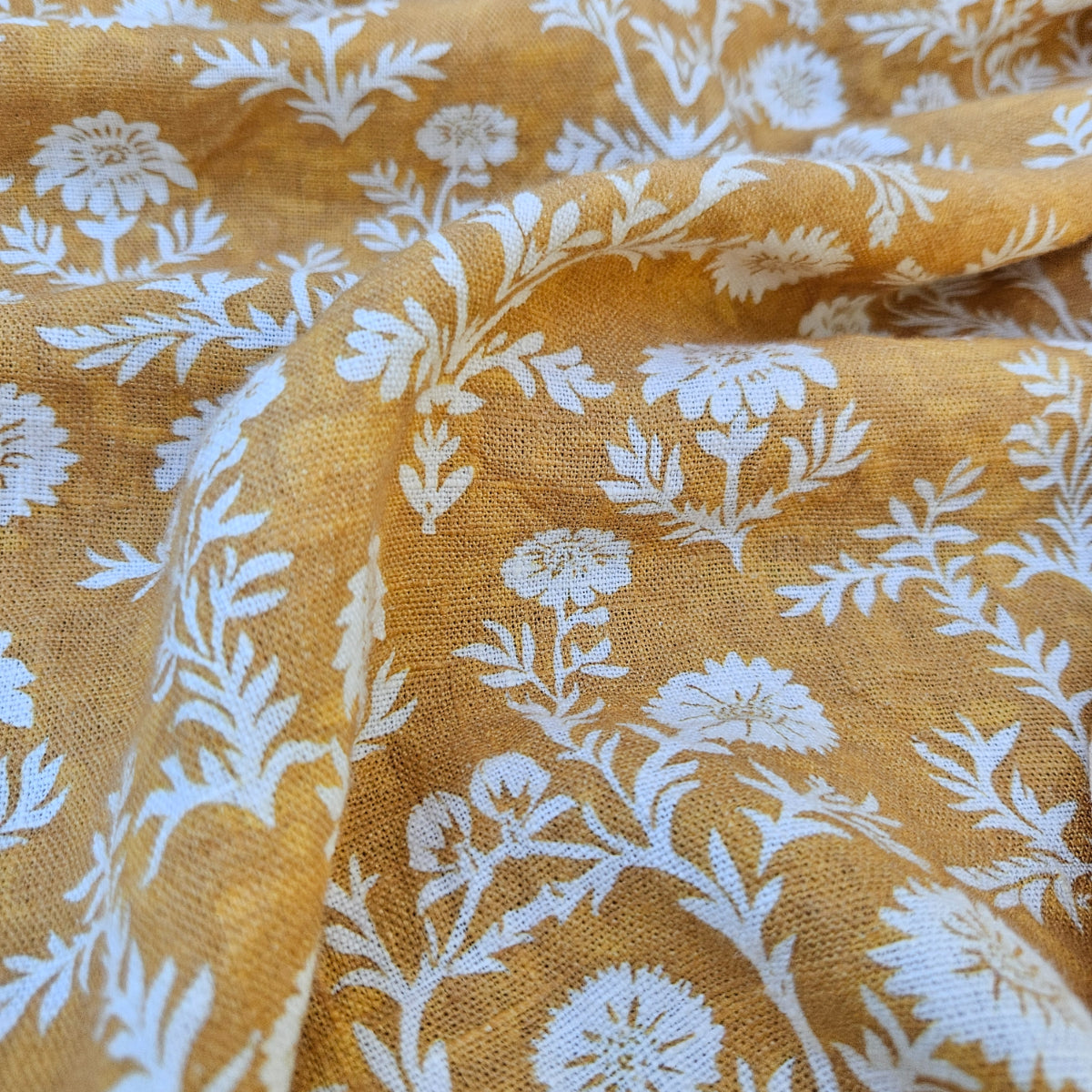 Mustard flower print - Printed linen fabric - 2223
