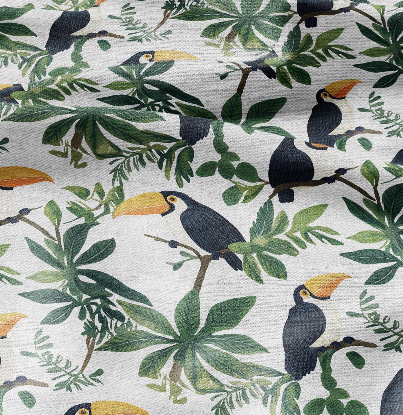 100% LINEN FabricTropical Toucan birds - floral linen Fabric by the Yard by LithuanianLinen for upholstery dressmaking curtains home textile