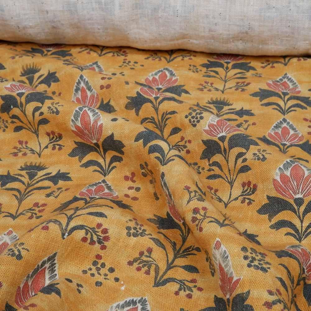 100% LINEN Fabric block print in mustard yellow - linen fabric floral print - light upholstery home decor dressmaking sewing 2079