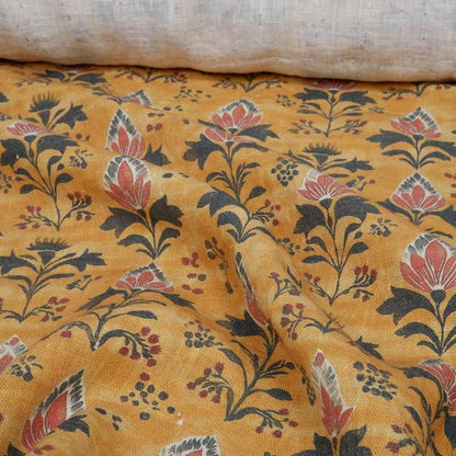 100% LINEN Fabric block print in mustard yellow - linen fabric floral print - light upholstery home decor dressmaking sewing 2079