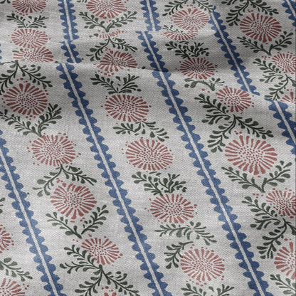 100% LINEN Fabric print Stripe floral pink green blue- oatmeal linen fabric with floral print - heavy for home decor clothing 3102