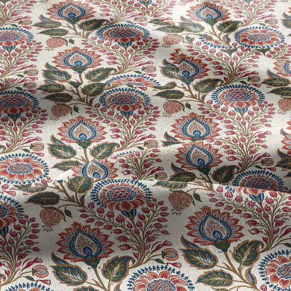 100% linen fabric Paisley floral print - Vintage pink red green botanical  - modern vintage  3414