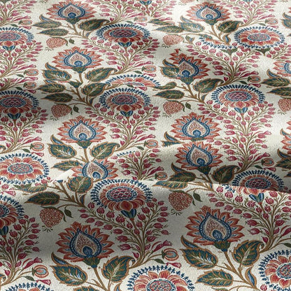 100% linen fabric Paisley floral print - Vintage pink red green botanical  - modern vintage  3414