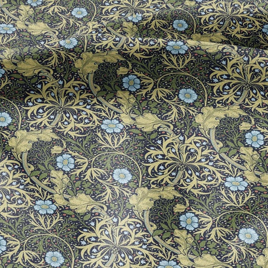 100% linen fabric William Morris Seeweed print - Victorian Art crafts linen Fabric - Historical pattern fabric upholstery dress making