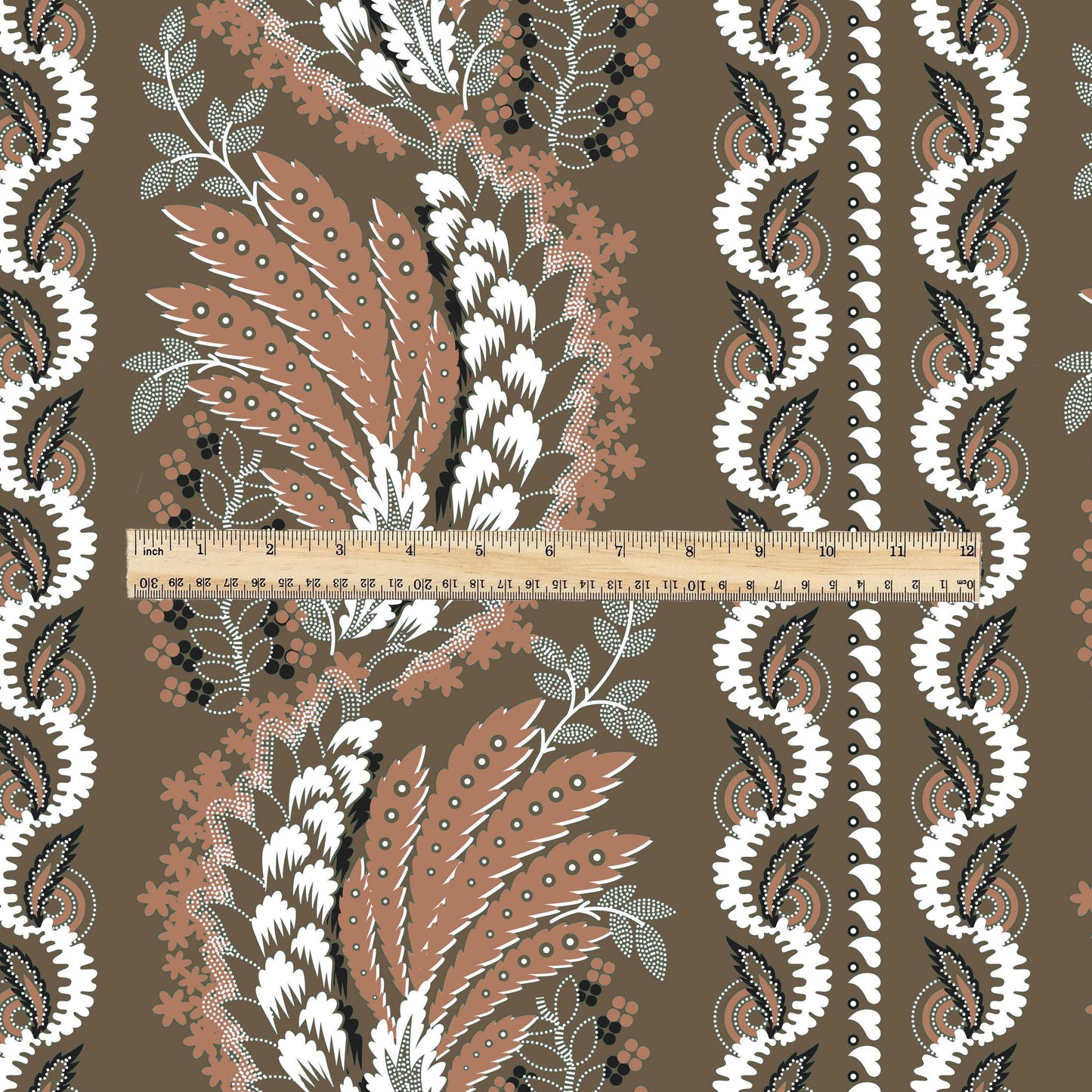 100% LINEN Fabric Vintage floral squilr stripe print - Modern botanical - Victorian Art Craft brown 3165