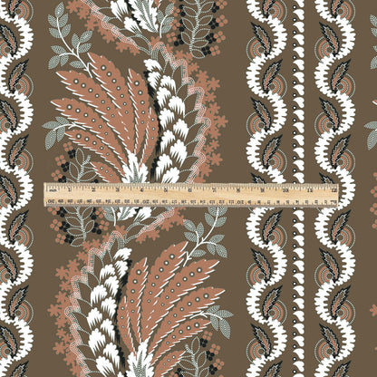 100% LINEN Fabric Vintage floral squilr stripe print - Modern botanical - Victorian Art Craft brown 3165