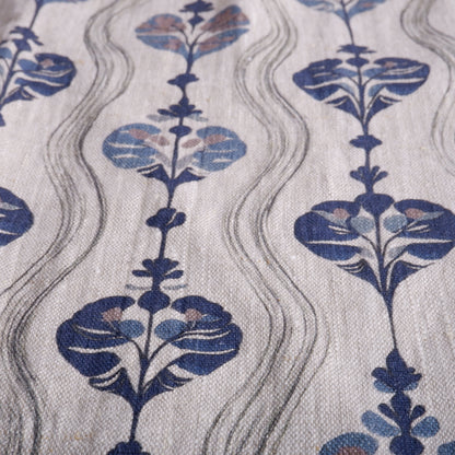 100% LINEN Fabric block print, oatmeal natur linen fabric with blue block print, heavy linen fabric for upholstery home decor 2256