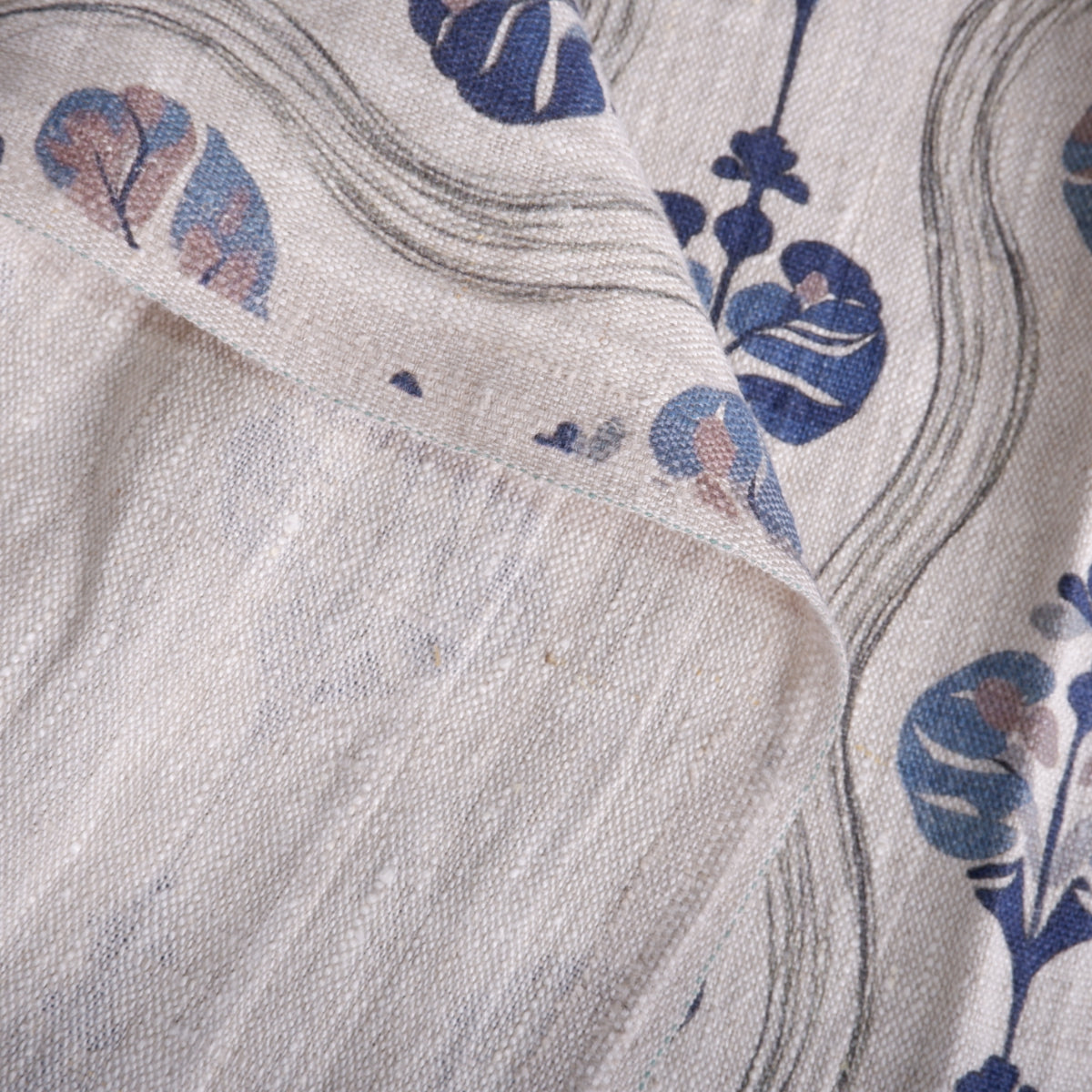 100% LINEN Fabric block print, oatmeal natur linen fabric with blue block print, heavy linen fabric for upholstery home decor 2256