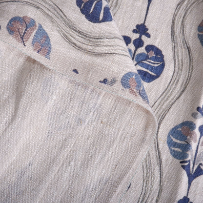 100% LINEN Fabric block print, oatmeal natur linen fabric with blue block print, heavy linen fabric for upholstery home decor 2256